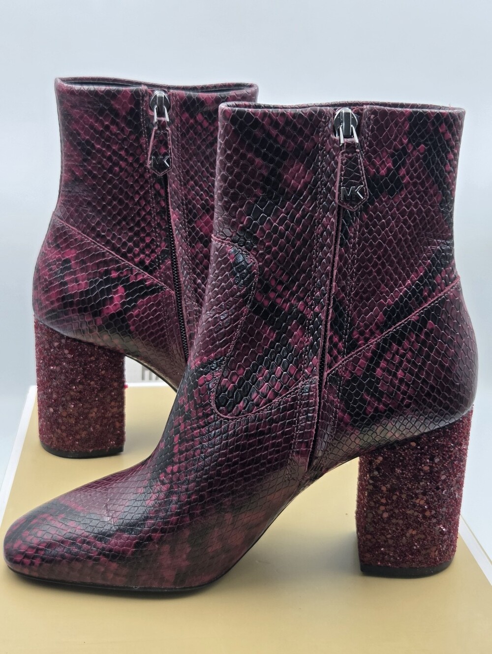 Michael MICHAEL KORS Burgundy Snakeskin Block Heel Ankle Boots